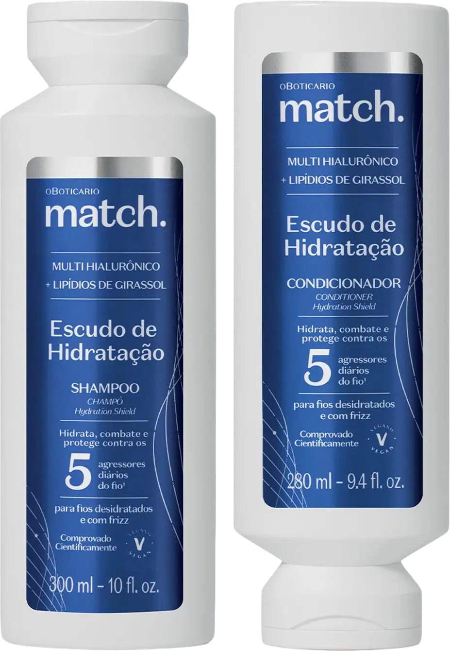 Dois frascos brancos da linha Match, um contendo shampoo e outro condicionador, com rótulos azuis destacando os ingredientes e benefícios do produto, como multi hialurônico e lípidos de girassol.