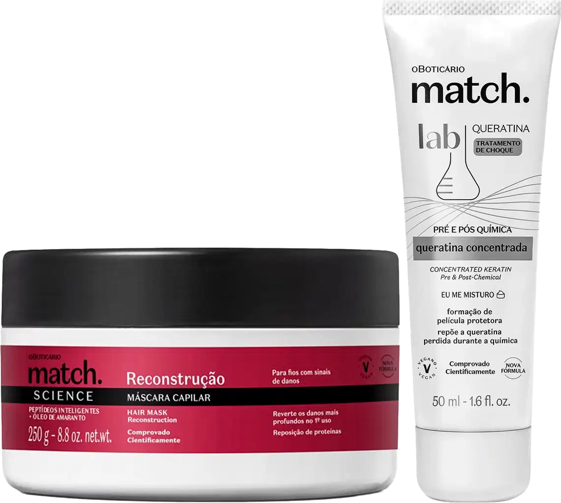 O produto de beleza exibido na imagem consiste em dois itens da marca Match: uma máscara capilar de reconstrução em embalagem preta e vermelha, e um tratamento de queratina em tubo branco.