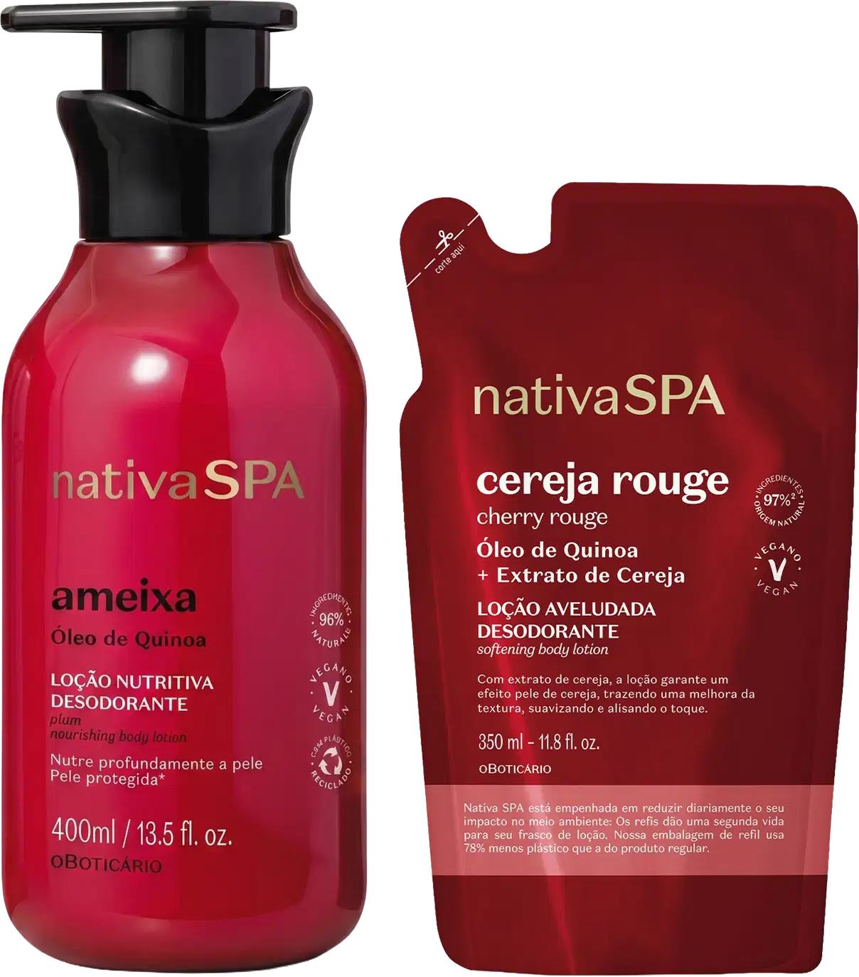 Frasco de loção corporal Nativa SPA Ameixa com 400ml, embalagem vermelha e preta com rótulo destacando ingredientes como óleo de quinoa e extrato de cereja.