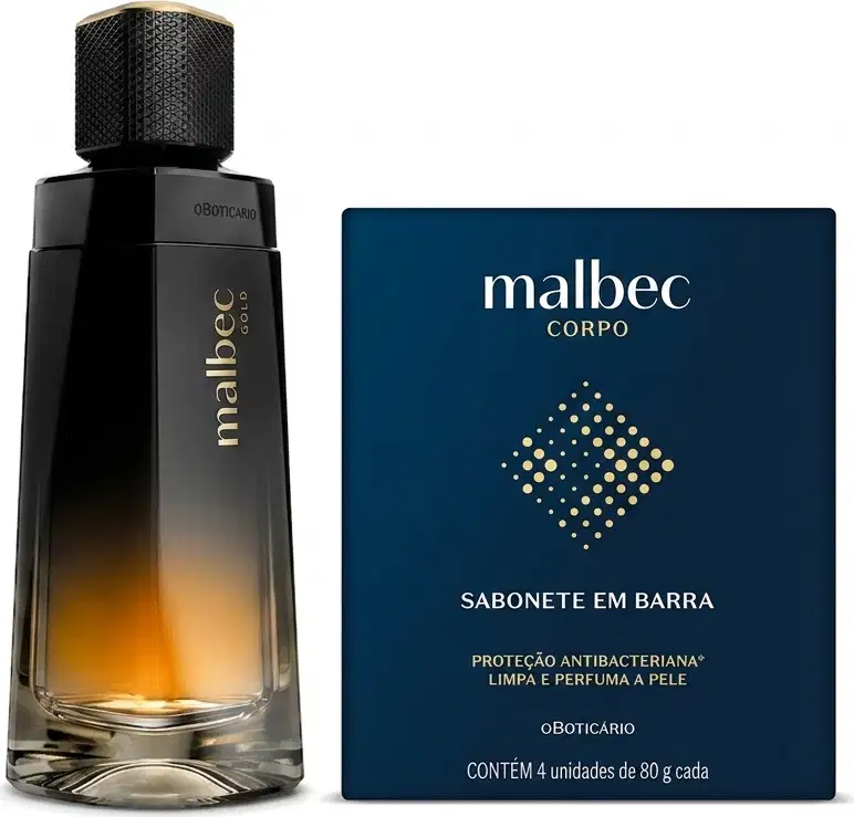 Frasco de perfume Malbec Corpo com embalagem azul escura, contendo 4 unidades de sabonete em barra com proteção antibacteriana e fragrância para a pele.