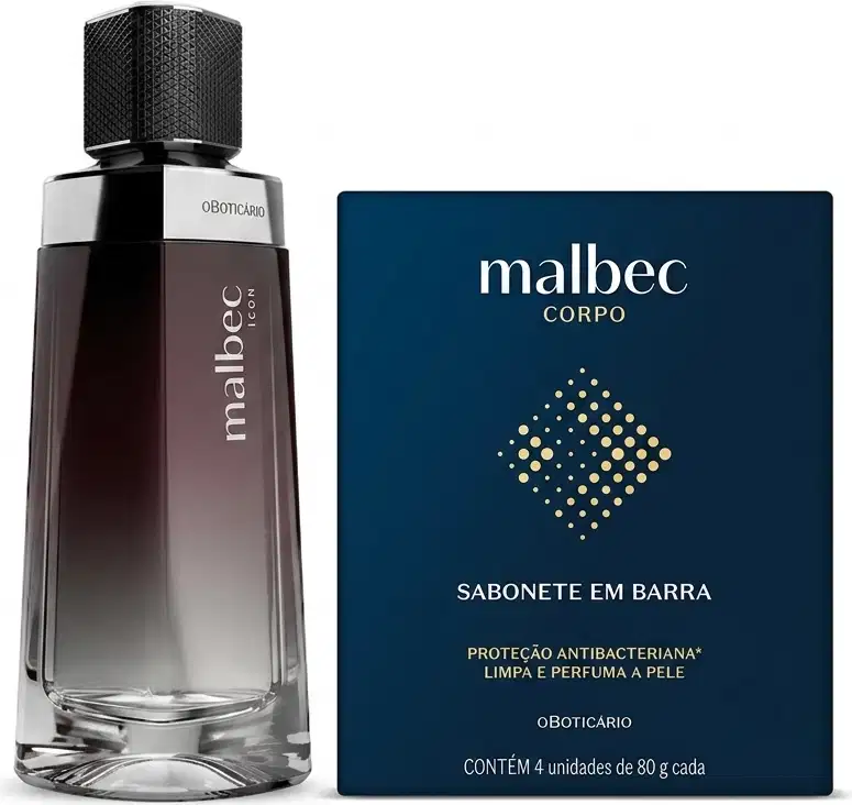 Frasco de perfume Malbec Corpo com embalagem secundária em azul escuro e detalhes em dourado. Produto apresentado em formato de frasco de vidro com tampa preta.