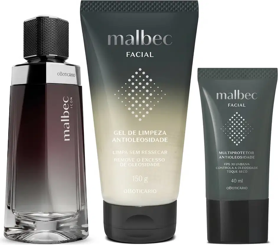 Conjunto de produtos de beleza da marca Malbec, incluindo um frasco de perfume, um tubo de gel de limpeza facial e um tubo de protetor solar facial, todos em embalagens predominantemente na cor cinza escura com detalhes em branco.