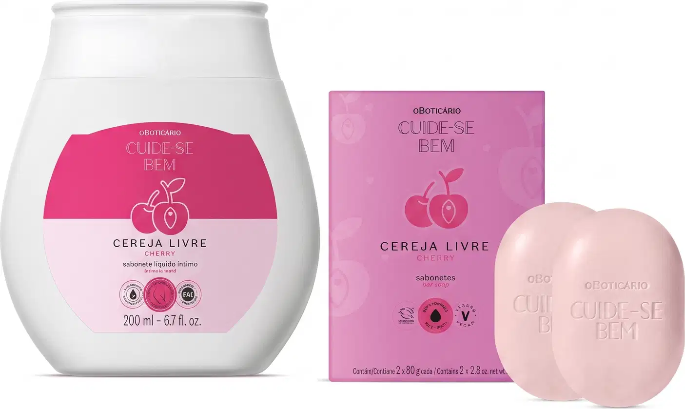 Conjunto de produtos de beleza da linha Cuide-se Bem, incluindo um frasco branco de 200 ml de sabonete líquido íntimo de cereja, uma caixa rosa com sabonetes em barra de cereja e um sabonete em barra rosa claro.