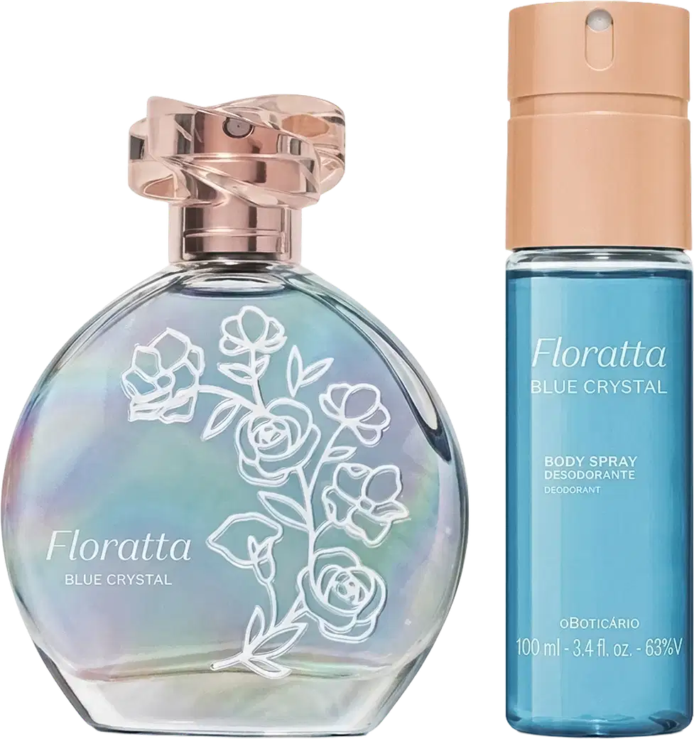 Conjunto Floratta Blue Crystal composto por frasco de perfume com tampa rosé e design floral branco, e desodorante spray azul de 100ml. Embalagens em tons pastel com detalhes em vidro e plástico.