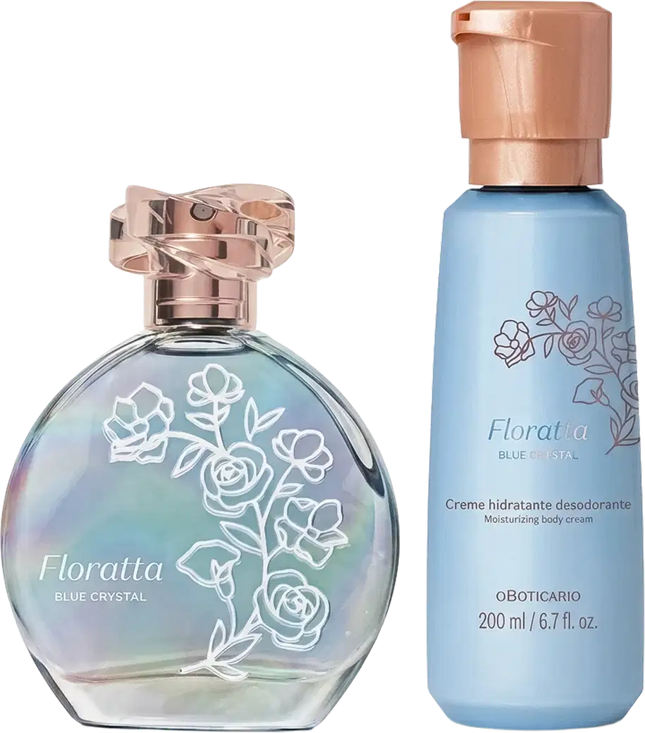 Conjunto Floratta Blue Crystal com perfume em frasco de vidro iridescente com tampa rose gold e creme hidratante desodorante em frasco azul claro de 200ml, ambos com detalhes florais brancos.