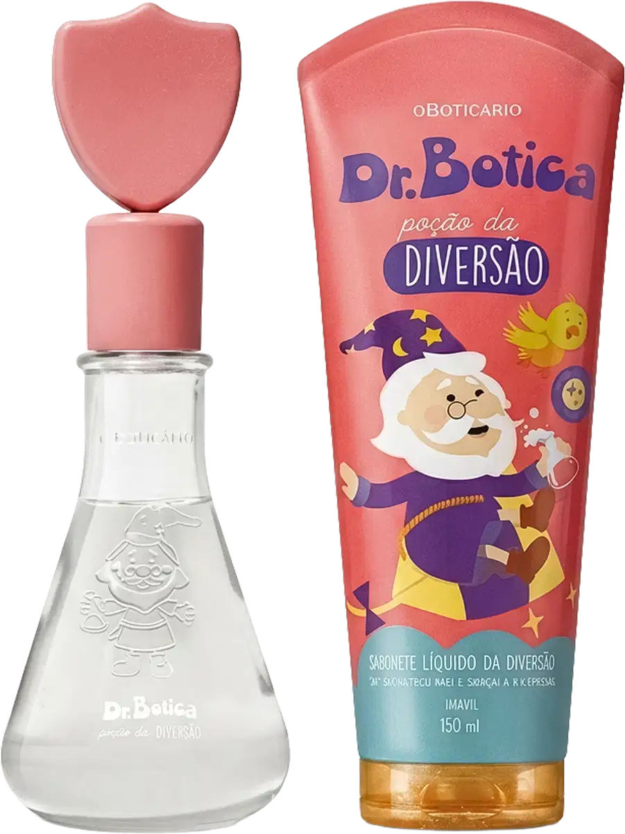 Conjunto Dr. Botica Poção da Diversão com perfume em frasco de vidro com tampa rosa em formato de escudo e sabonete líquido em embalagem coral com ilustração de mago, 150ml.