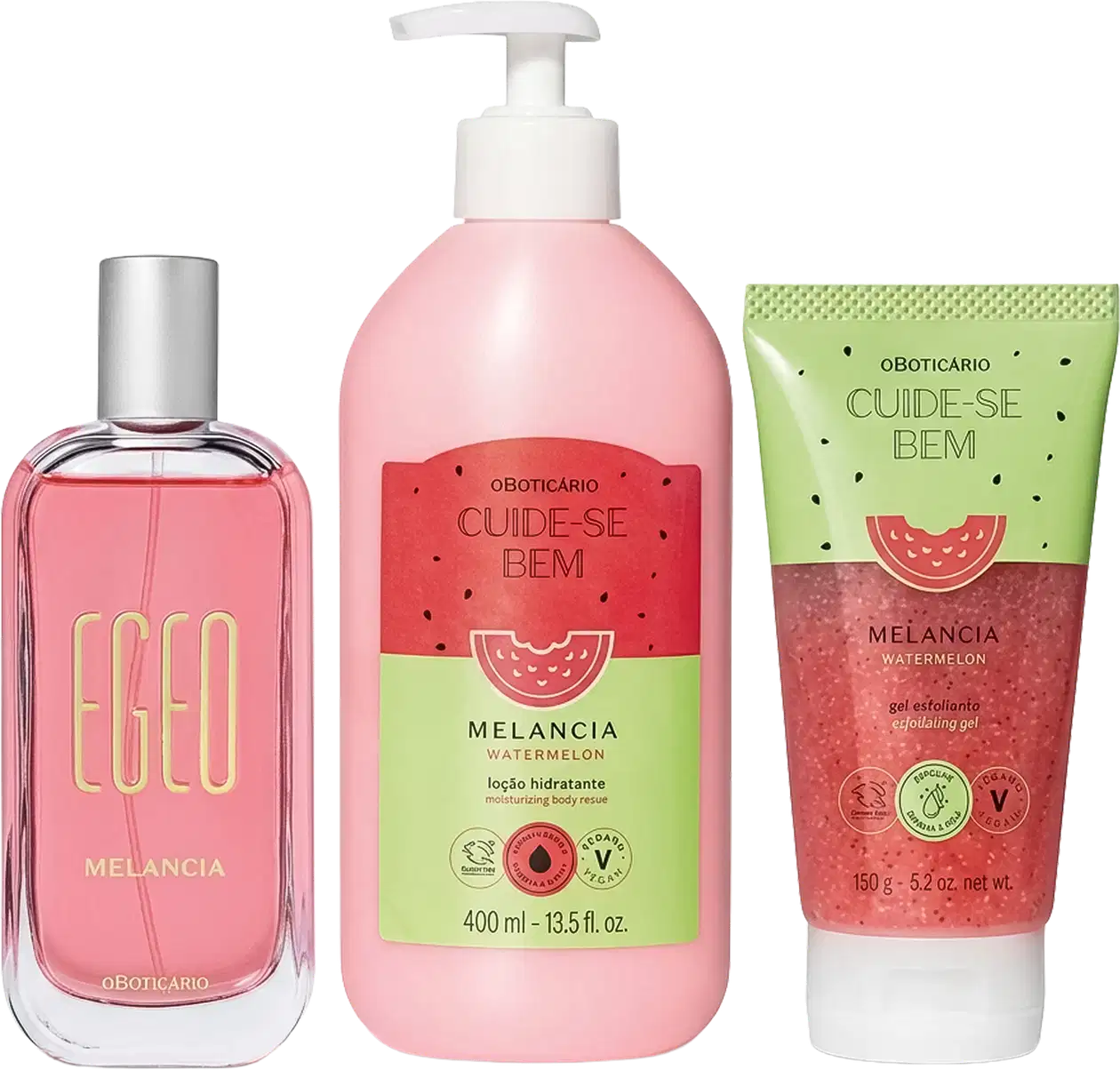 Conjunto de três produtos Egeo Melancia: perfume em frasco de vidro rosa com tampa prateada, loção hidratante em frasco pump rosa de 400ml e gel esfoliante em tubo verde e rosa de 150g, todos com rótulos vermelhos e verdes.