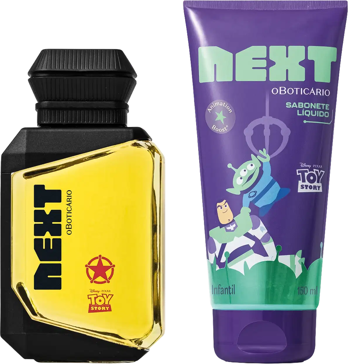 Conjunto de produtos Next Odoticário: frasco de perfume amarelo com tampa preta e sabonete líquido infantil roxo de 450ml, ambos com tema Toy Story da Disney Pixar.