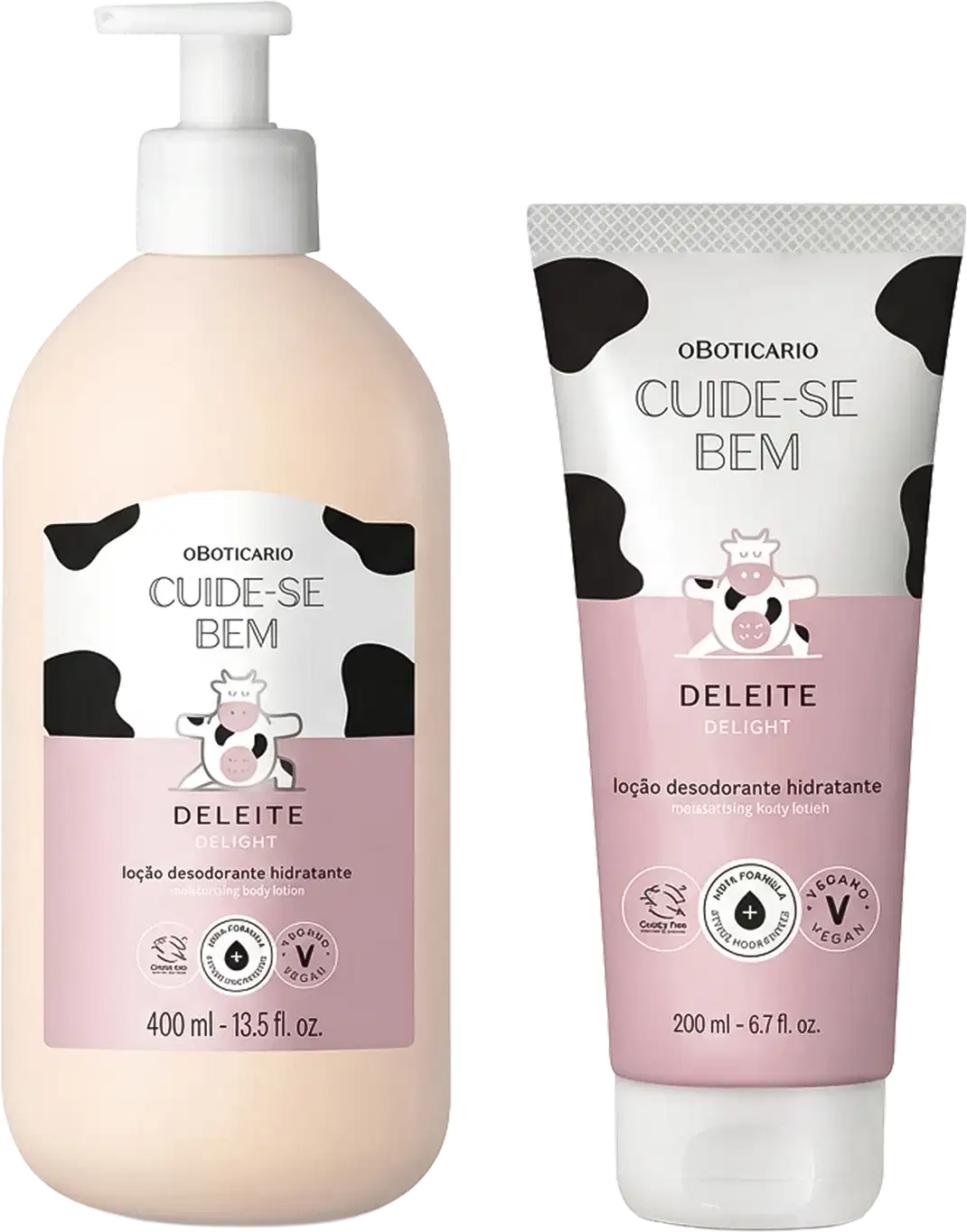 Dois produtos Cuide-se Bem Deleite: frasco com bomba de 400ml em tom bege claro e tubo de 200ml rosa. Ambos apresentam estampa de vaca, rótulos brancos e rosa, indicando loção desodorante hidratante. Certificações veganas e cruelty-free visíveis.