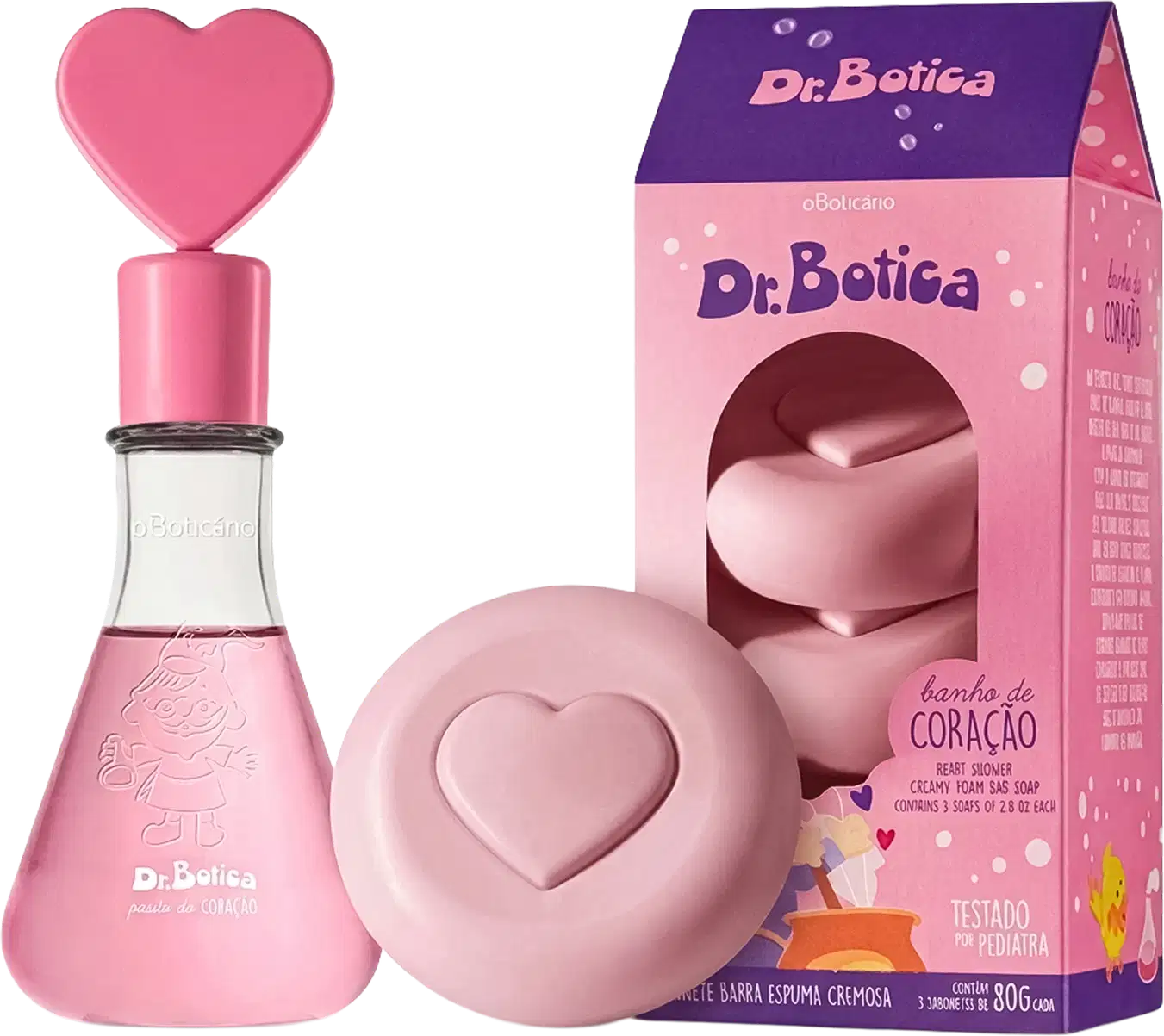 Conjunto Dr. Botica "Banho de Coração" com frasco de perfume rosa com tampa em formato de coração, sabonete em barra com relevo de coração e embalagem rosa e roxa. Produtos infantis testados por pediatra.