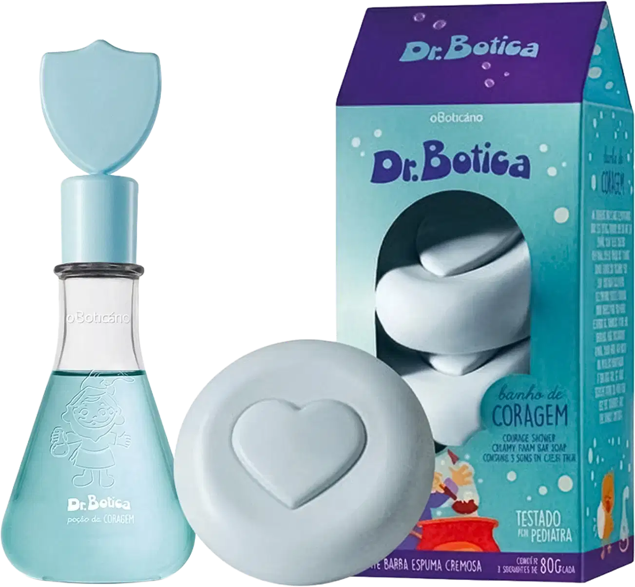 Conjunto Dr. Botica com frasco de poção de coragem em vidro azul-turquesa, sabonete em barra espumosa branco em formato de coração e embalagem caixa turquesa com detalhes roxos. Produtos infantis testados dermatologicamente.