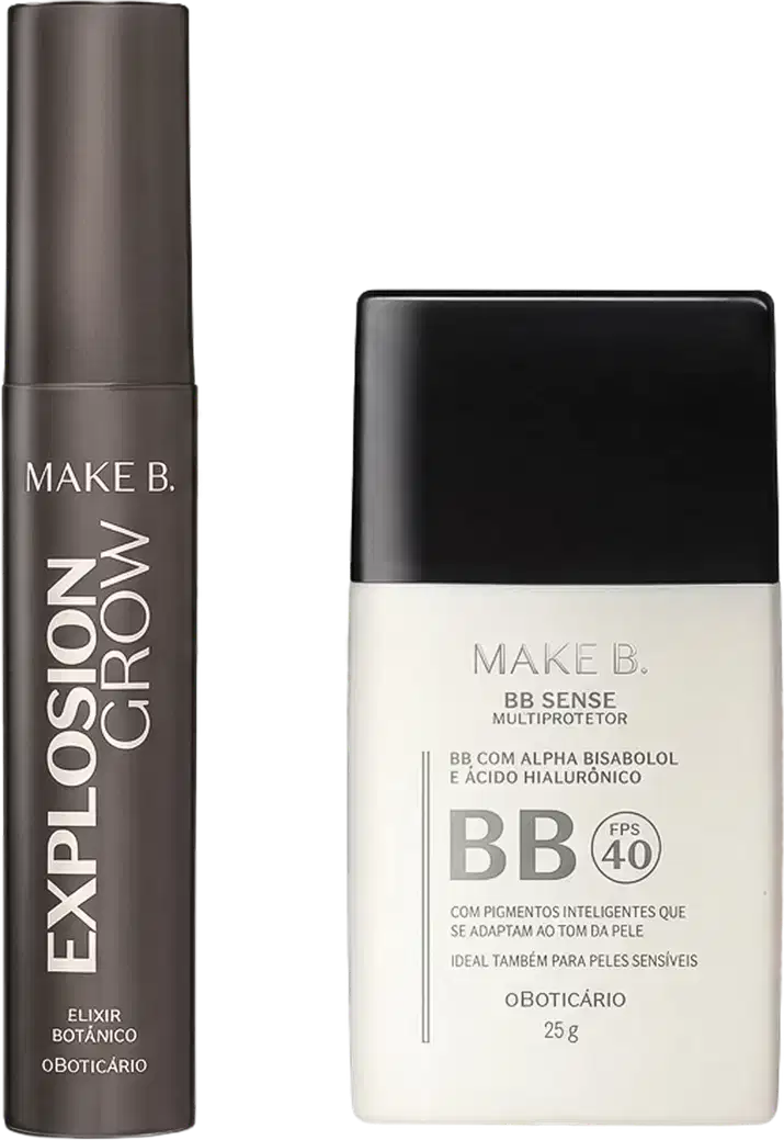 Dois produtos Make B.: Explosion Crow elixir botânico em frasco cilíndrico marrom escuro, e BB Sense Multiprotetor FPS 40 em frasco branco com tampa preta, ambos com rótulos em português.