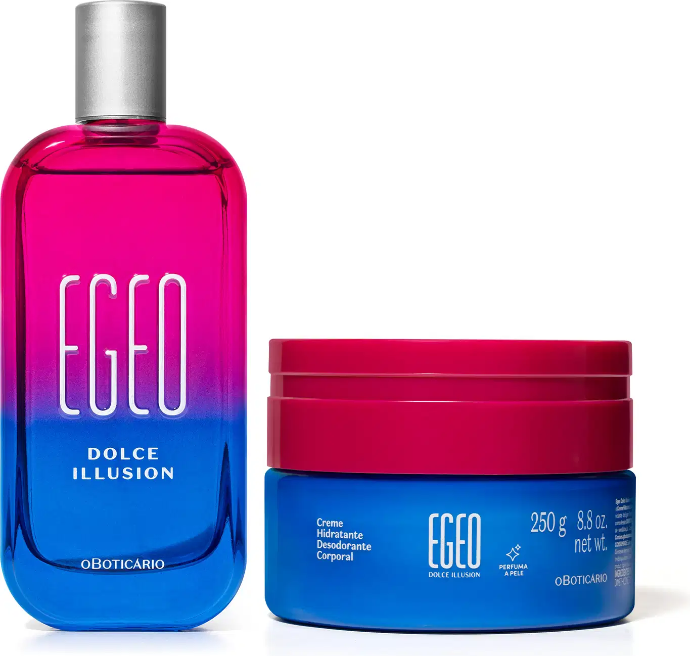 Imagem de dois produtos da linha Egeo Dolce Illusion, sendo um desodorante colônia em vidro nas cores azul e rosa com tampa prateada e um pote de creme desodorante corporal na cor azul com tampa rosa. Um kit repleto de estilo e jovialidade.
