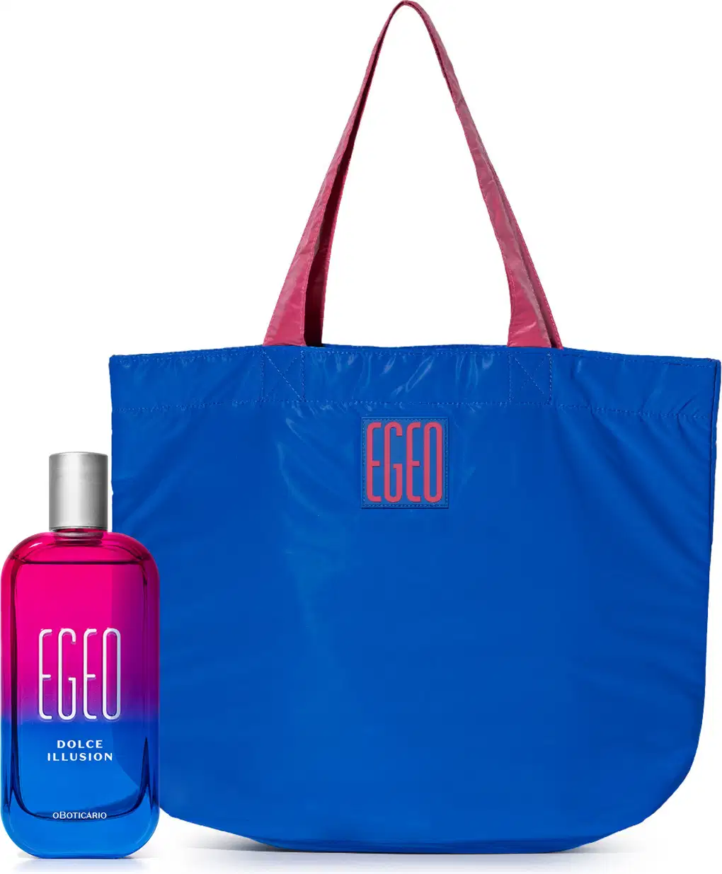Imagem de dois produtos da linha Egeo, sendo um vidro rosa e azul com tampa prateada contendo o desodorante colônia da linha Dolce Illusion e uma bolsa grande na cor azul com alças rosa.