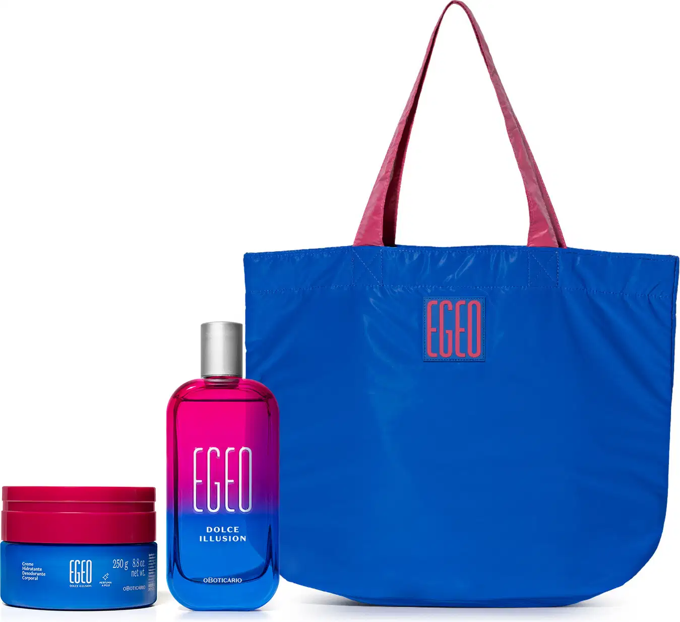 Imagem do Combo Egeo que traz um desodorante colônia em frasco azul e rosa da linha Dolce Illusion, um pote azul e rosa de creme desodorante corporal e uma bolsa grande na cor azul com alças rosa.