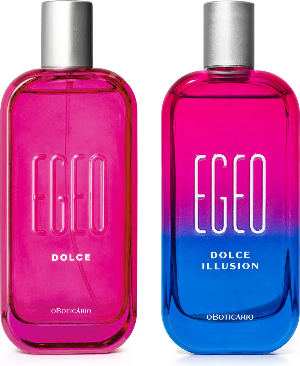 Imagem de dois frascos de desodorante colônia Egeo, sendo um da linha Dolce, em embalagem toda rosa com letras amarelas e outro da linha Dolce Illusion, em embalagem rosa e azul com letras brancas. Ambos possuem tampas prateadas.