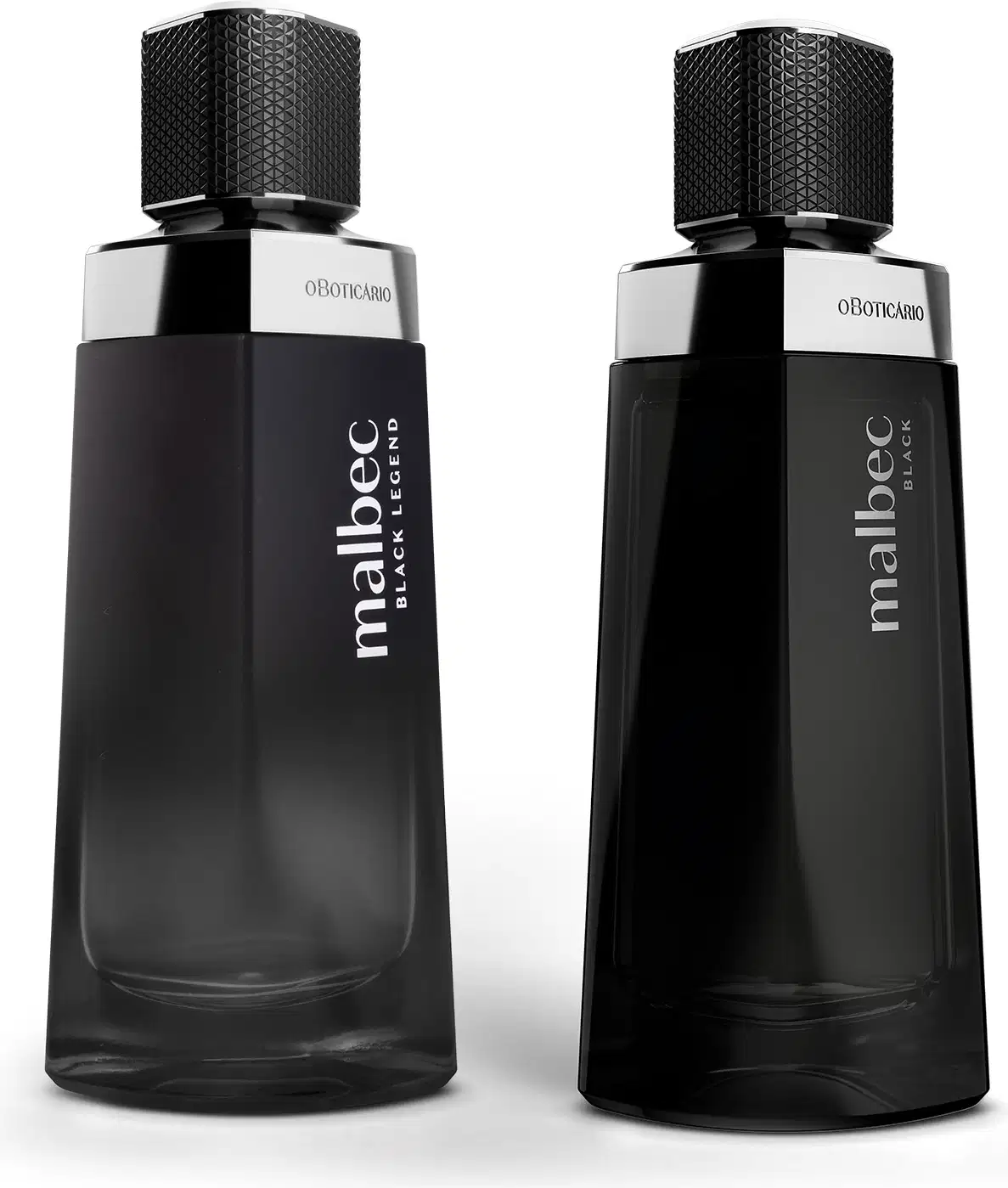 Dois frascos do desodorante colônia Malbec, sendo um da linha Black e outro da linha Black Legend. As duas embalagens são pretas, com tampa texturizada, detalhes e letras prateadas. Uma embalagem estilosa que sugere uma fragrância para homens intensos.