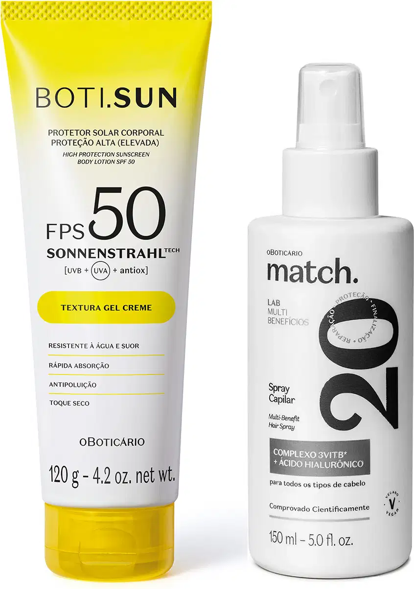 Imagem do protetor solar corporal FPS 50 Boti.Sun em uma bisnaga branca e amarela com tampa laranja e um spray capilar Match Multibenefícios em embalagem branca com rótulo na cor preta e cinza.