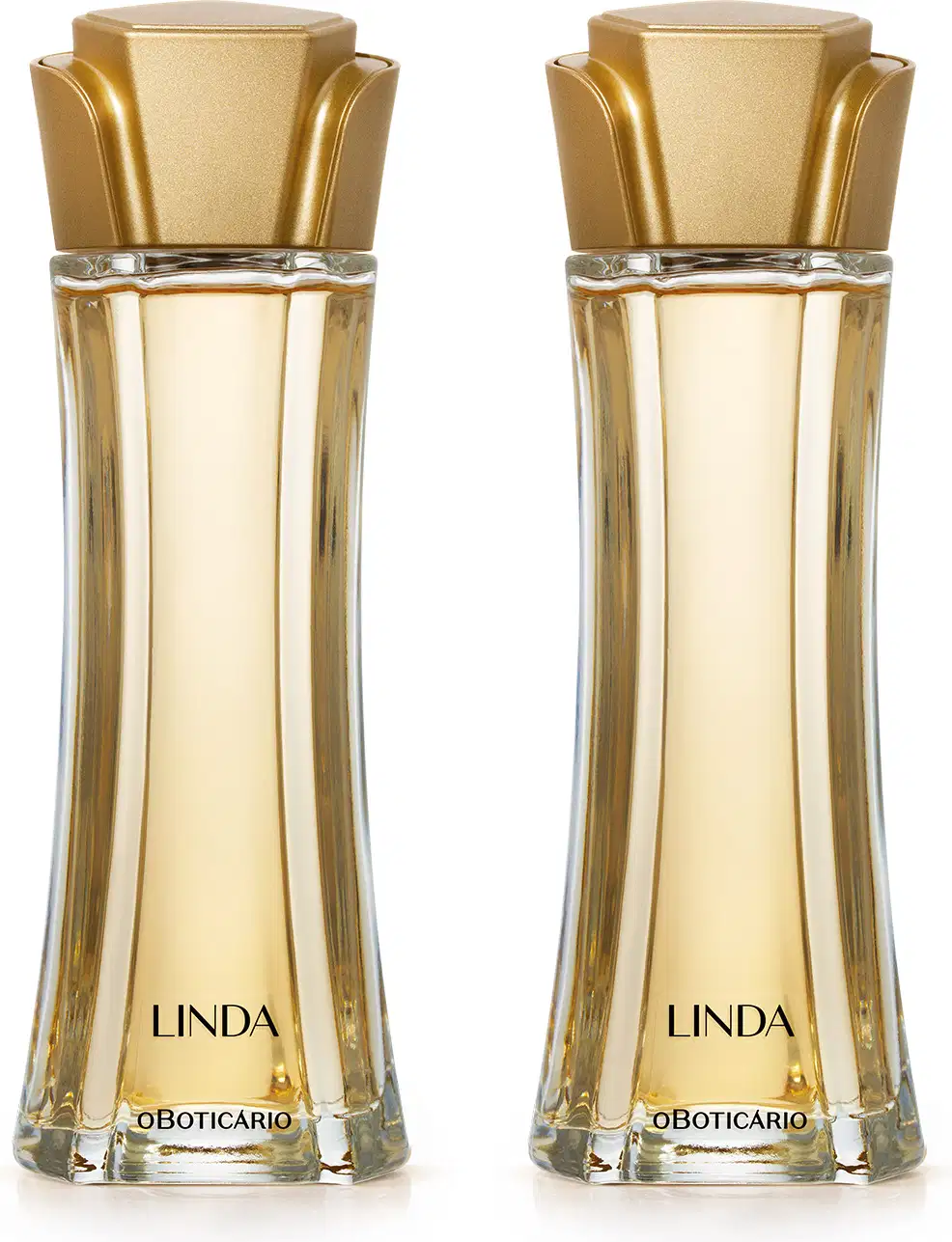 Imagem de dois frascos de desodorante colônia Linda, em embalagem de vidro transparente com líquido bege e tampa em formato de flor na cor dourada. O rótulo traz o nome da marca em letras pretas. Transmite beleza e elegância.