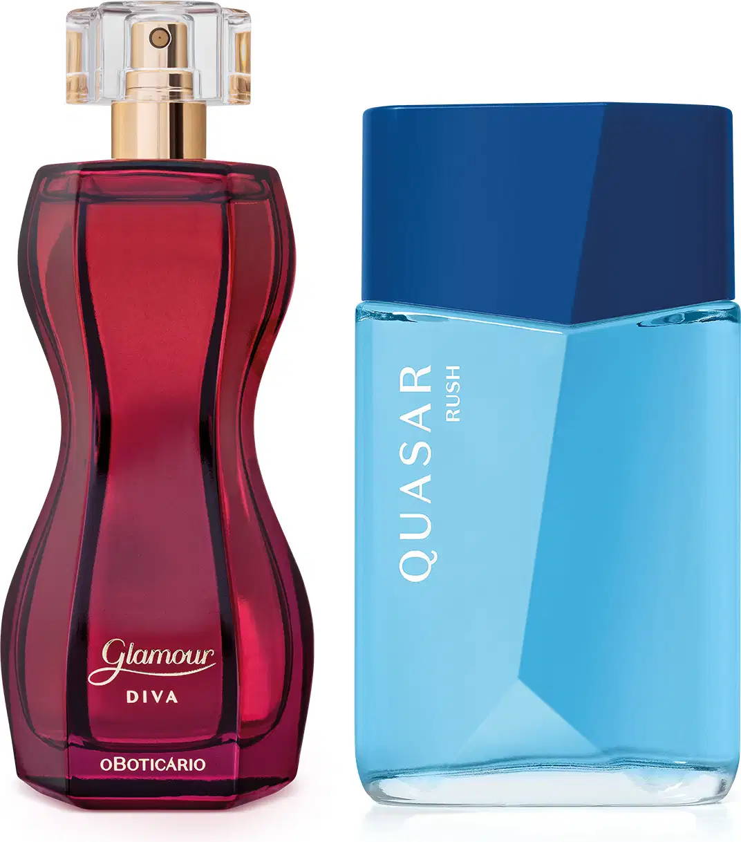 Imagem de dois itens de perfumaria O Boticário, sendo um vidro na cor vinho em formato curvilíneo e borrifador dourado da marca Glamour Diva e um vidro azul-claro com tampa azul-marinho da marca Quasar Rush.