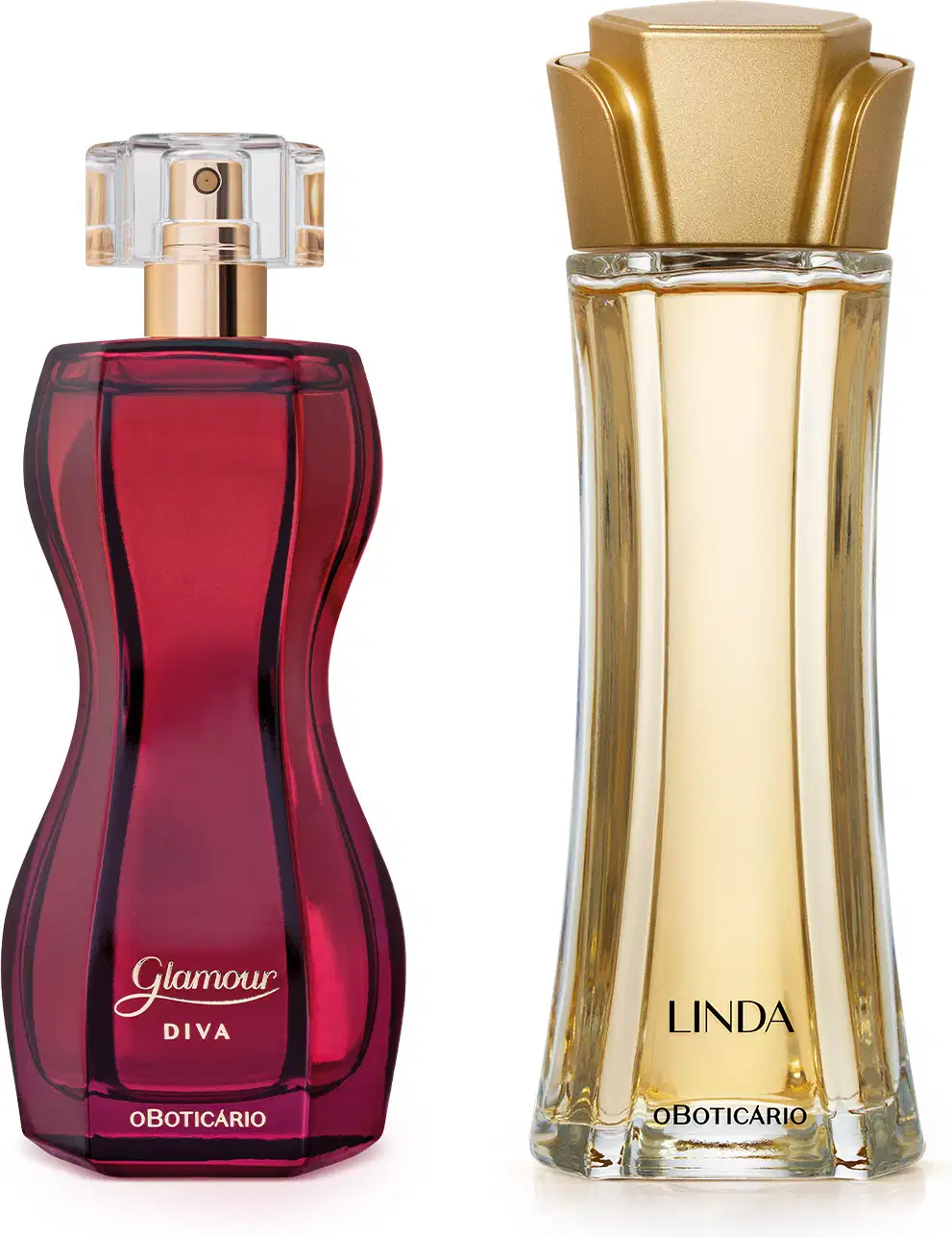 Imagem de dois itens de perfumaria feminina, sendo um vidro na cor vinho com formato curvilíneo e borrifador dourado da marca Glamour Diva e outro vidro transparente com líquido bege e tampa dourada em formato de flor da marca Linda.