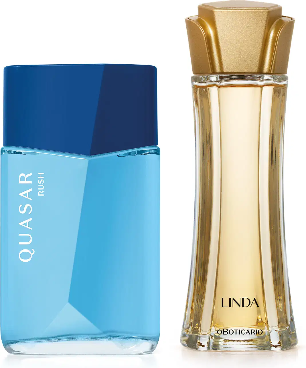 Imagem de dois itens de perfumaria O Boticário: um vidro azul-claro com tampa azul-marinho da marca Quasar Rush e um vidro transparente, com líquido bege e tampa dourada em forma de flor da marca Linda.