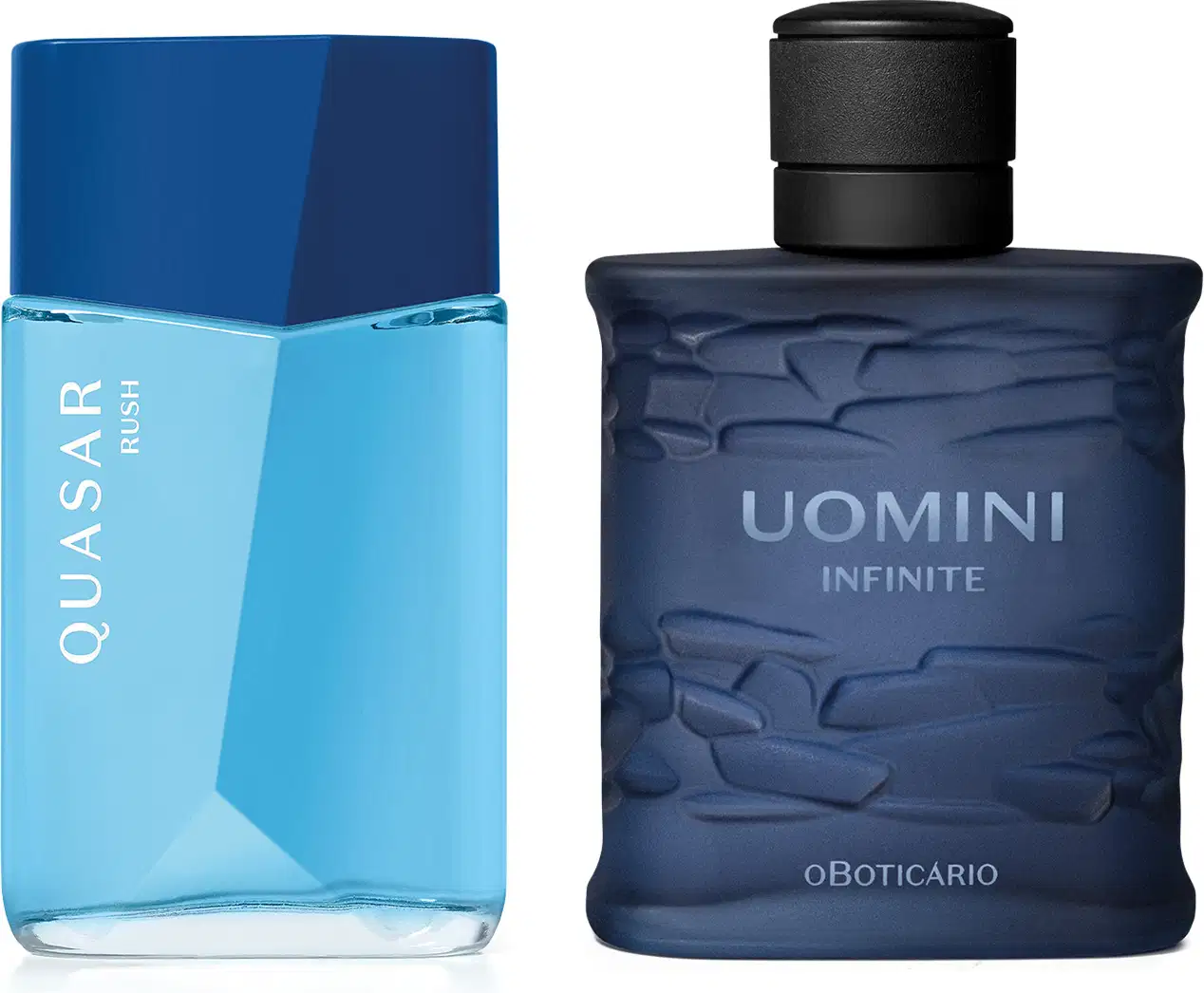 Imagem de dois itens de perfumaria masculina, sendo um vidro azul-claro com tampa azul-marinho da marca Quasar Rush e outro vidro azul-marinho com tampa preta texturizada da marca Uomini Infinite.