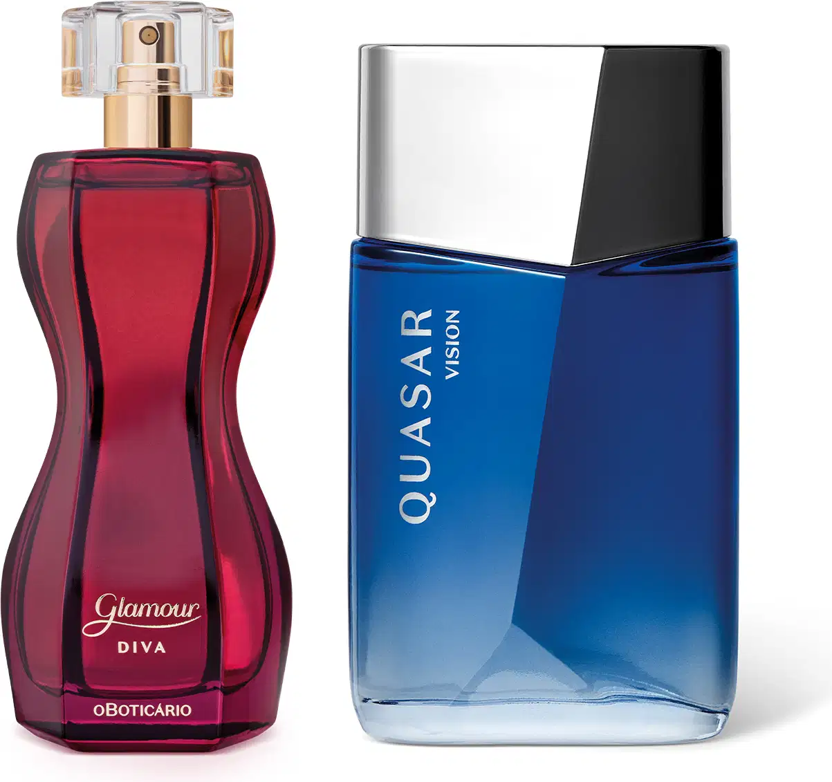 Imagem de dois itens de perfumaria O Boticário, sendo um vidro na cor vinho em formato curvilíneo da marca Glamour Diva e outro na cor azul-claro com tampa prateada da marca Quasar Vision.