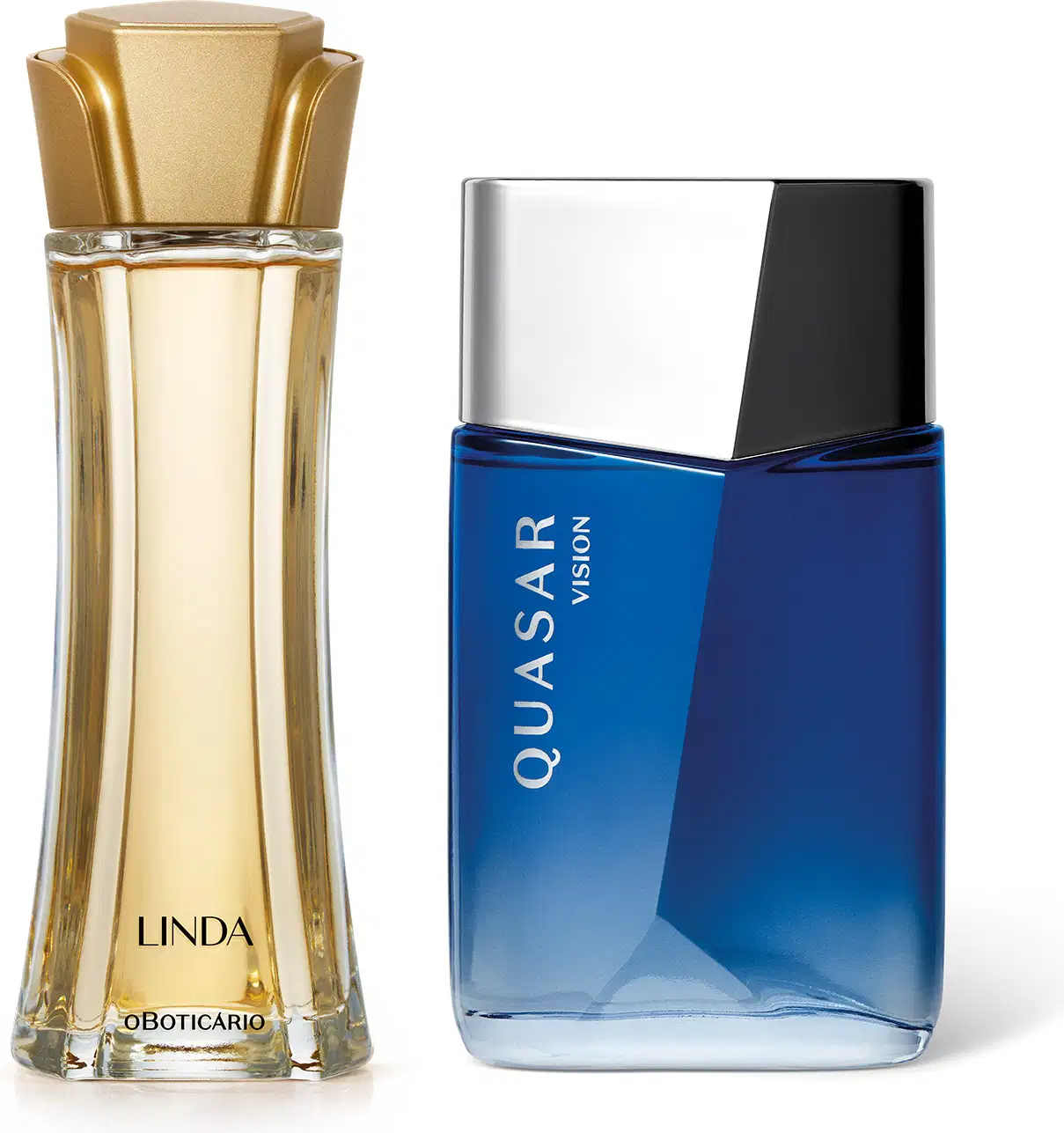 Imagem de dois itens de perfumaria O Boticário, sendo um frasco de vidro transparente com líquido bege e tampa dourada em forma de flor da marca Linda e um vidro azul-claro com tampa prateada da marca Quasar Vision. 