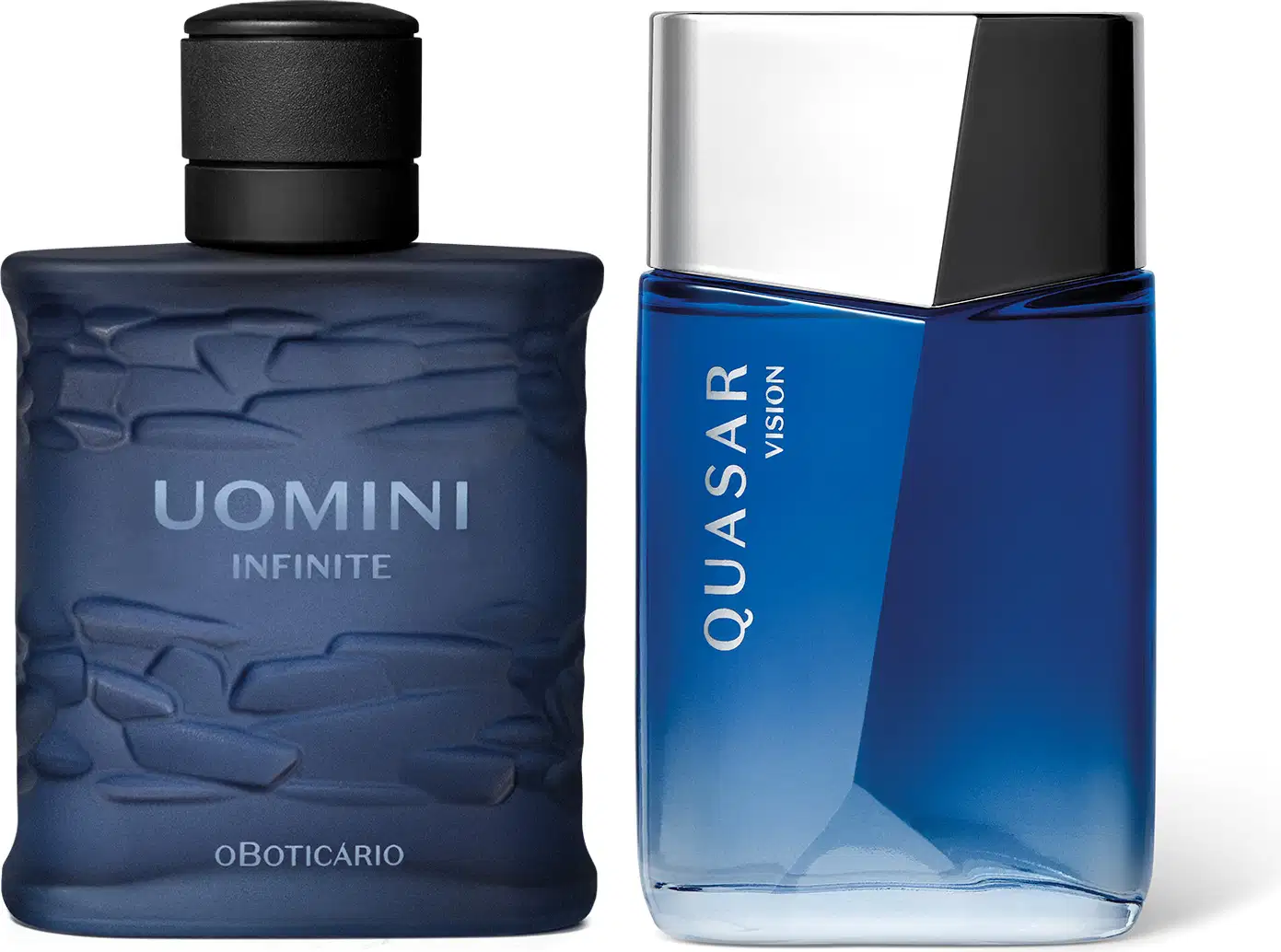Imagem de dois itens de perfumaria masculina O Boticário, sendo um vidro azul-escuro com tampa preta texturizada da marca Uomini Infinity e outro azul-claro com tampa prateada da marca Quasar Vision.
