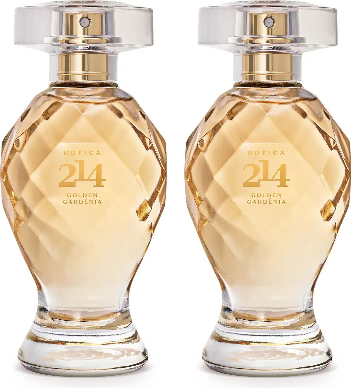 Imagem de dois frascos do Eau de Parfum Botica 214 Golden Gardênia em vidro transparente em formato curvilíneo lapidado, com líquido bege, borrifador dourado e tampa transparente. Cada recipiente conta com 75ml da fragrância. 