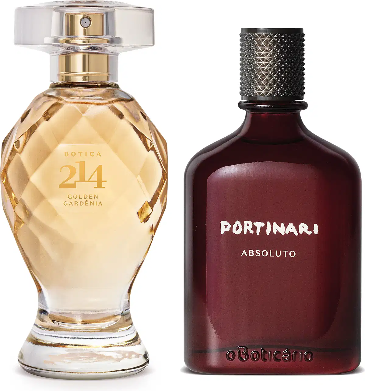 Imagem de itens de perfumaria O Boticário, sendo um vidro transparente em formato curvilíneo lapidado com líquido bege e borrifador dourado do Botica 214 Golden Gardênia e um vidro na cor vinho com tampa preta texturizada  do  Portinari Absoluto.