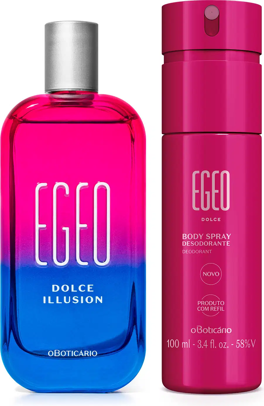 Imagem do Combo Egeo Dolce que traz o desodorante colônia Illusion em sua moderna embalagem rosa e azul com tampa prateada e letras brancas e o body spray em um frasco todo rosa com letras douradas. 