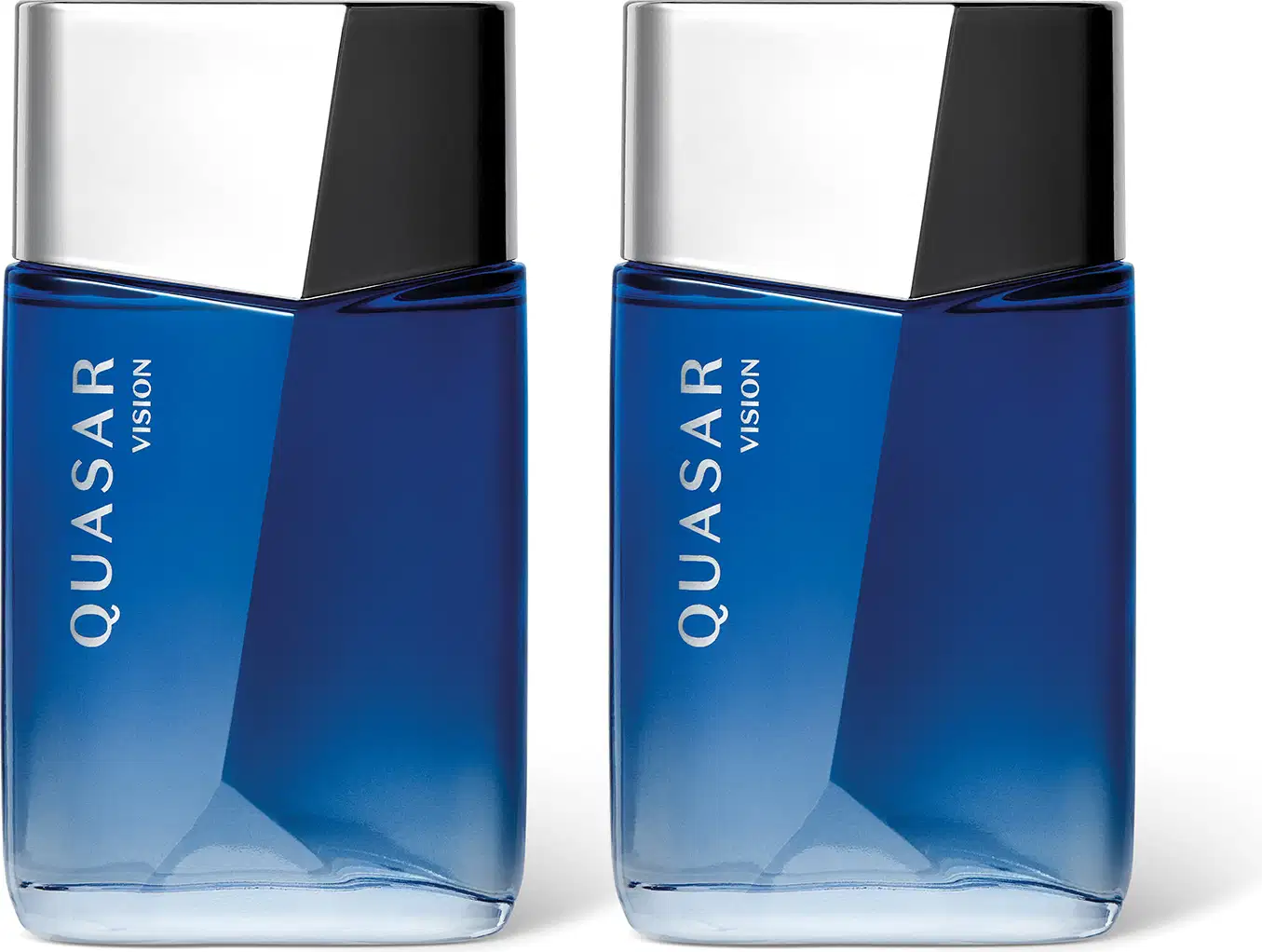 Imagem de dois frascos do desodorante colônia Quasar Vision em embalagem de vidro azul e tampa prateada contendo 100ml da fragrância. O design do recipiente sugere se tratar de um produto moderno para pessoas dinâmicas.