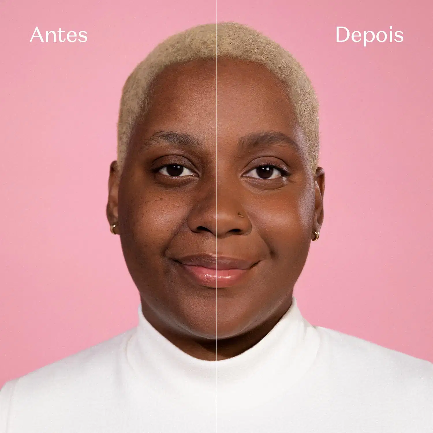 Rosto feminino de pele negra mostrando o antes e depois de usar a base líquida Levanta Tudo da marca Quem Disse, Berenice?.