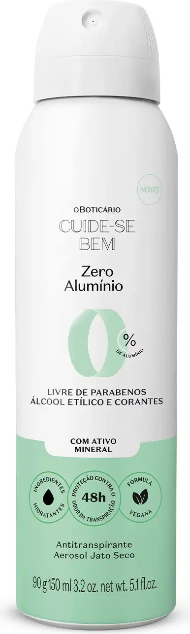Frasco spray branco com detalhe azul e letras pretas contendo 90g/150ml de antitranspirante aerossol jato seco da marca Cuide-se Bem Zero Alumínio.