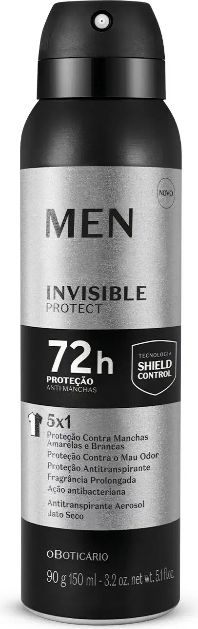 Frasco preto e prateado com letras brancas e pretas contendo 90g/150ml de antitranspirante aerossol jato seco da marca Men Invisible Protect.