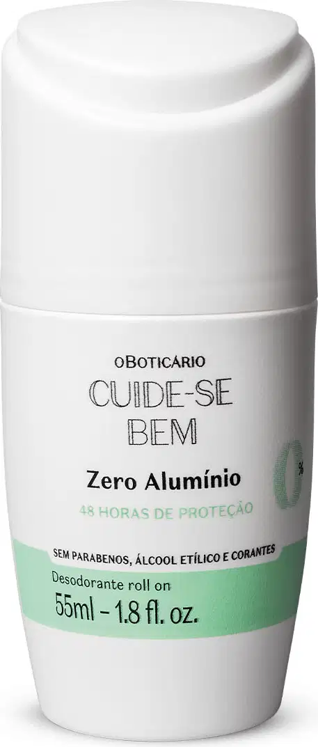 Frasco branco com detalhe azul e letras pretas contendo 55ml de desodorante roll-on Cuide-se Bem Zero Alumínio.