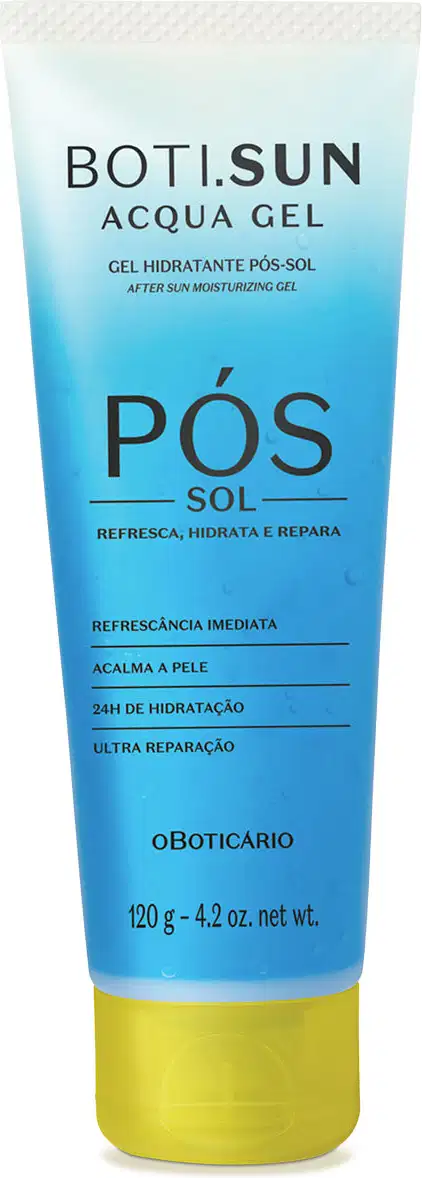 Bisnaga em tons de azul com tampa amarela e letras pretas contendo 120g de gel hidratante pós-sol Acqua Gel da marca Boti.Sun.