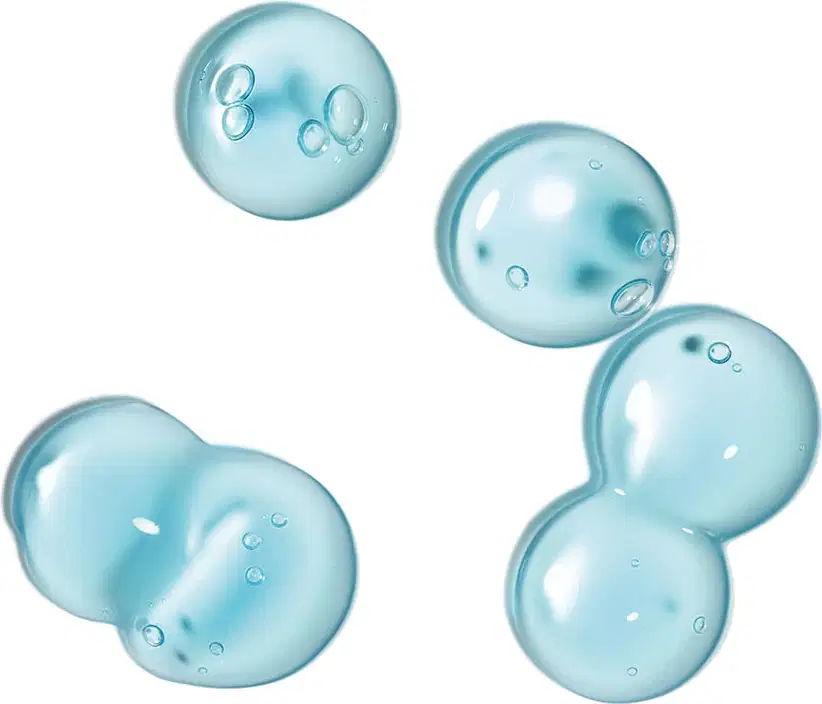 Gotas gelatinosas e brilhantes de cor azulada com bolhas referentes ao gel hidratante pós-sol Acqua Gel da marca Boti.Sun.