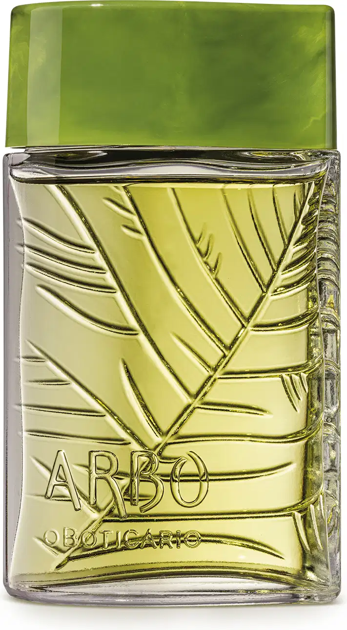 Vidro quadrado transparente com folhas em relevo, líquido verde e tampa verde musgo contendo 100ml de desodorante colônia Arbo Forest.
