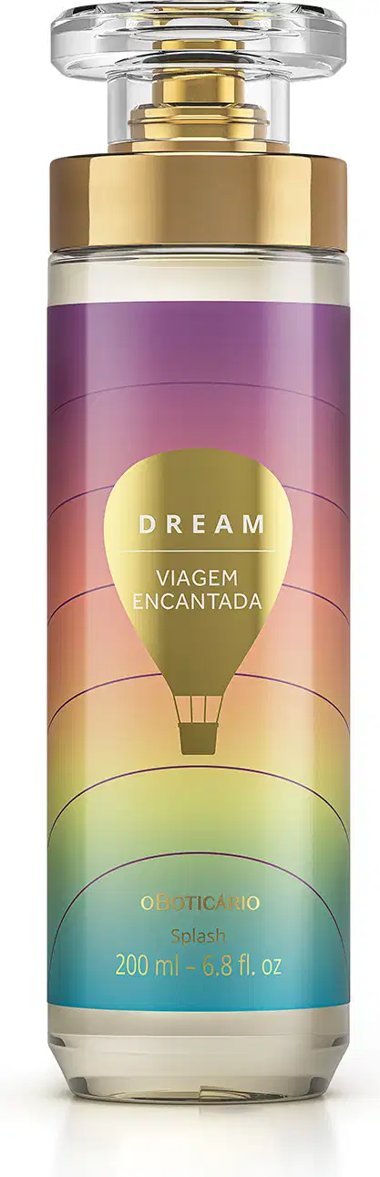 Imagem do frasco de body splash Dream Viagem Encantada, em embalagem cilíndrica com tampa transparente e válvula spray dourada. O rótulo é volorido em tons de roxo, rosa e azul e traz um balão ilustrativo. O recipiente conta com 200ml de produto.