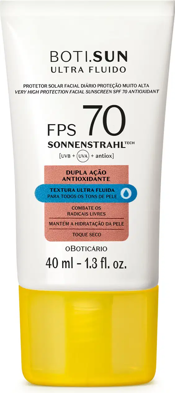 Frasco branco com tampa amarela, letras pretas e detalhes nas cores azul e laranja contendo 40ml de protetor solar facial antioxidante FPS 70 Ultra Fluído da marca Boti.Sun.