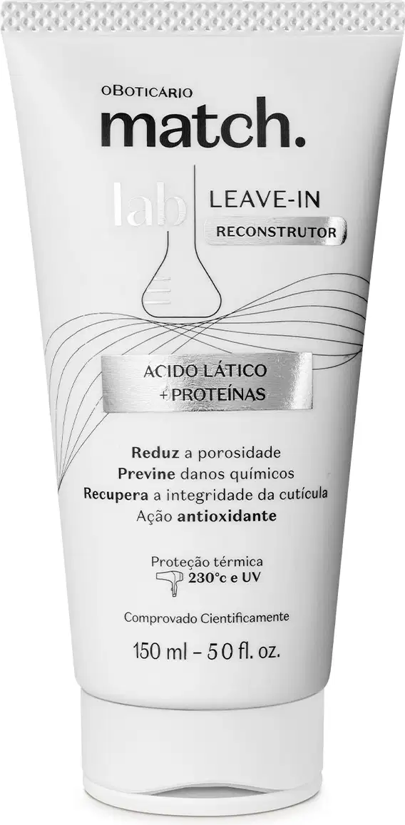 Bisnaga branca com detalhes prateados e letras pretas e cinzas contendo 150ml de leave-in reconstrutor da marca Match Lab Multibenefícios.