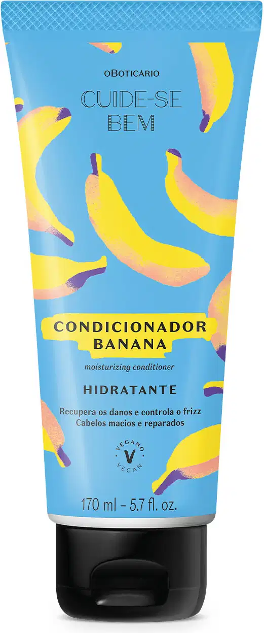 Bisnaga azul com detalhe amarelo, tampa preta e bananas ilustradas contendo 170ml de condicionador da marca Cuide-se Bem Feira Banana.