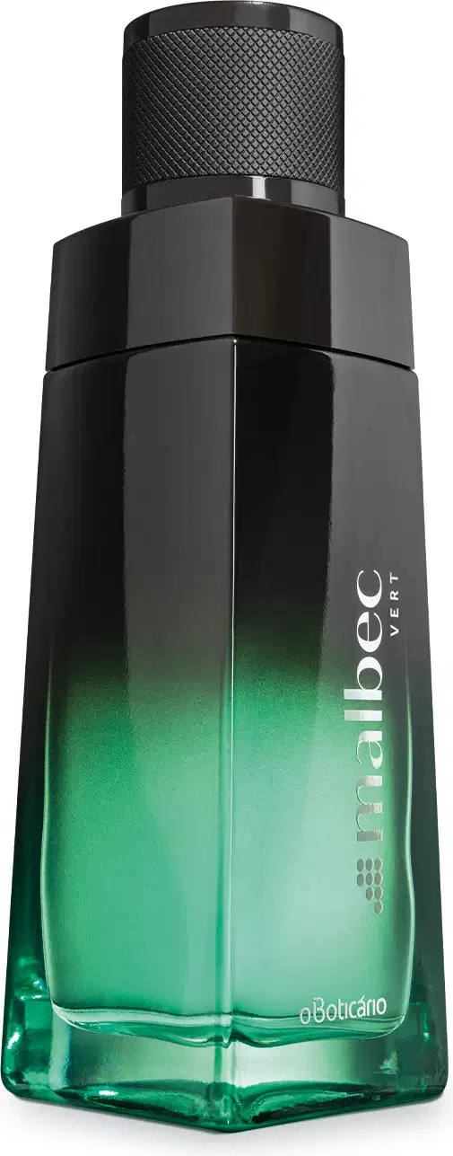 Vidro em formato geométrico com degradê de preto e verde, tampa preta e letras brancas contendo 100ml de desodorante colônia da marca Malbec Vert.