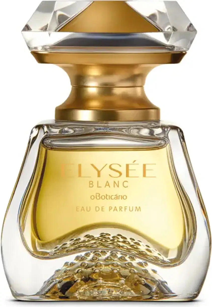 Frasco com design elegante e luxuoso, feito de vidro transparente com líquido bege, pulverizador dourado e tampa transparente simulando um cristal lapidado contendo 50ml de Eau de Parfum Elysée Blanc.