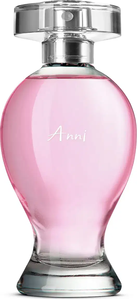 Vidro curvilíneo transparente com liquido rosa, pulverizador prateado e tampa cristal contendo 100ml de desodorante colônia Boticollection Anni.