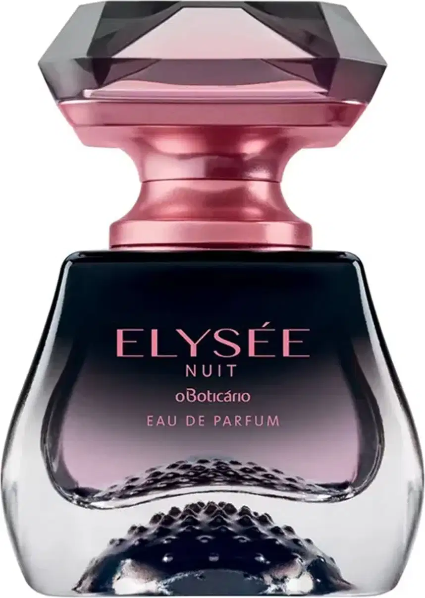 Frasco elegante e luxuoso feito de vidro transparente em preto e transparente com borrifador e letras douradas, tampa transparente em formato de cristal lapidado, contendo 50ml de Eau de Parfum Elysée Nuit.