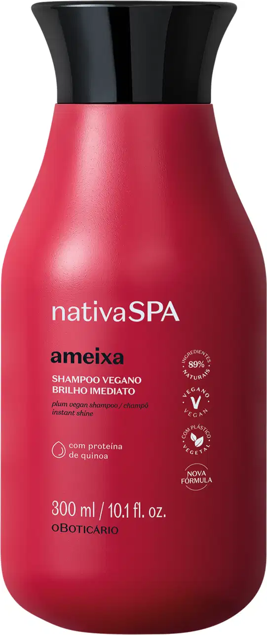 Frasco rosa vibrante com tampa preta e letras douradas, brancas e pretas contendo 300ml de shampoo para cabelos luminosos da marca Nativa SPA Ameixa.